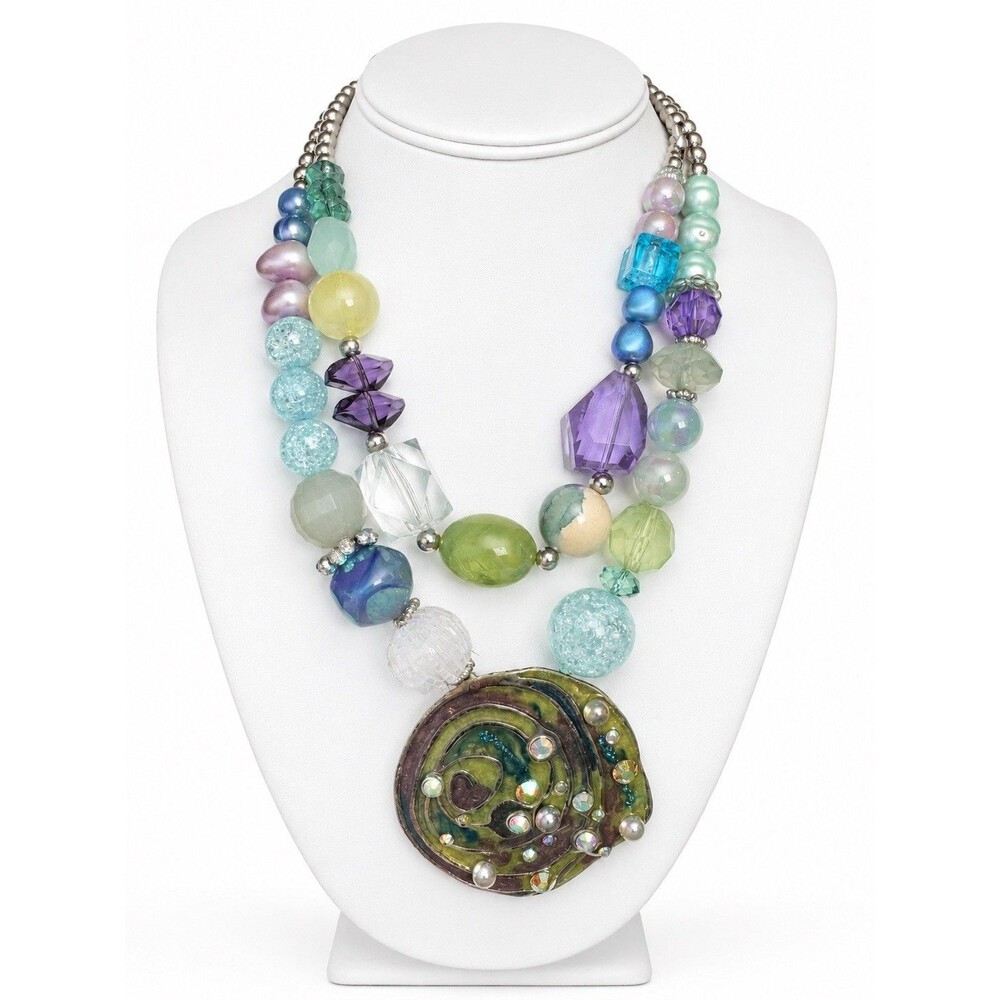 Treska Multicolor Acrylic Bead Enamel Rhinestone Statement Pendant Necklace